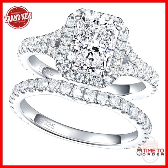 Jewelry - Sterling Silver Split Shank Wedding Set Size 6.5 CZ Halo Ring